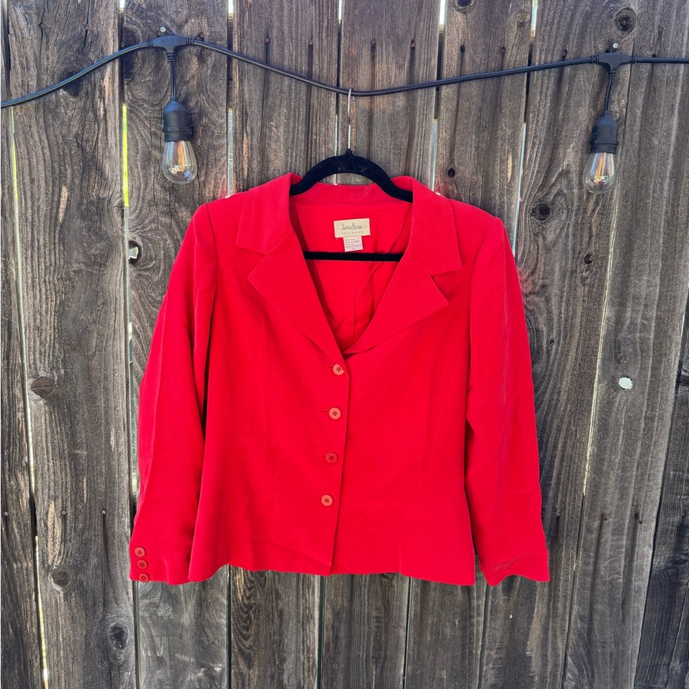 Neiman Marcus Exclusive Red Silk Single Breasted Button-Up Blazer jacket size 10